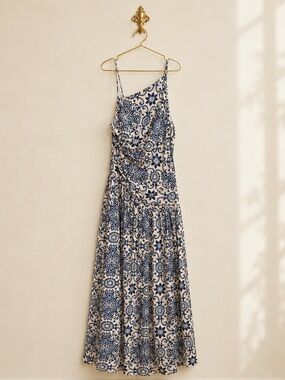 Dress Forum Los Angeles One Shoulder Blue & Ivory Linen Blend Midi Dress